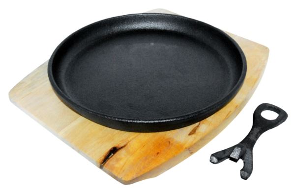 Banquet Cast Iron Round Sizzler Pan on Wooden Stand with Removable Handle Black 24 x 28.5 x 5.5 cm 